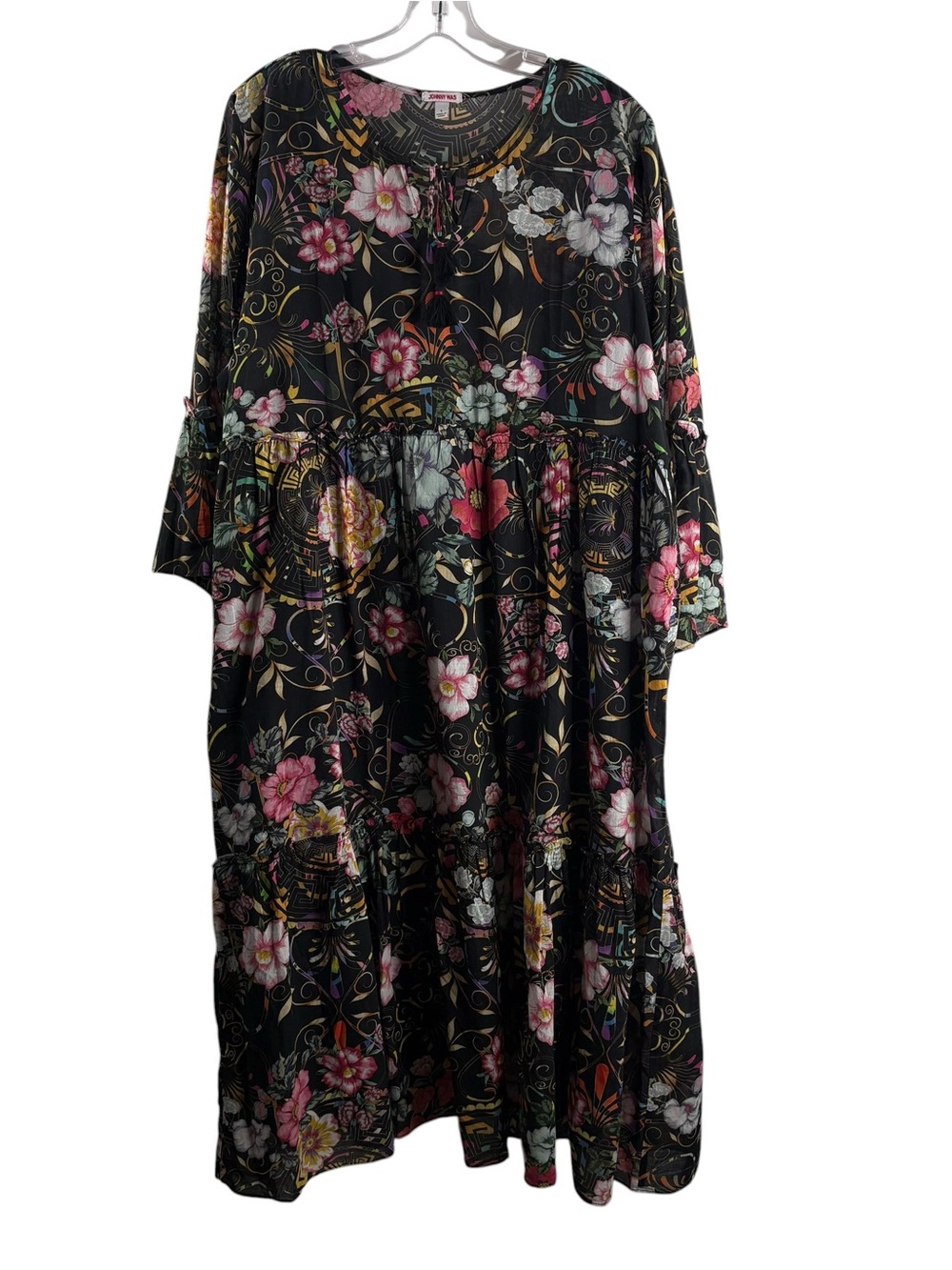 JOHNNY WAS Floral Tiered 3/4 Sleeve Midi Dress in Black and Pink $248